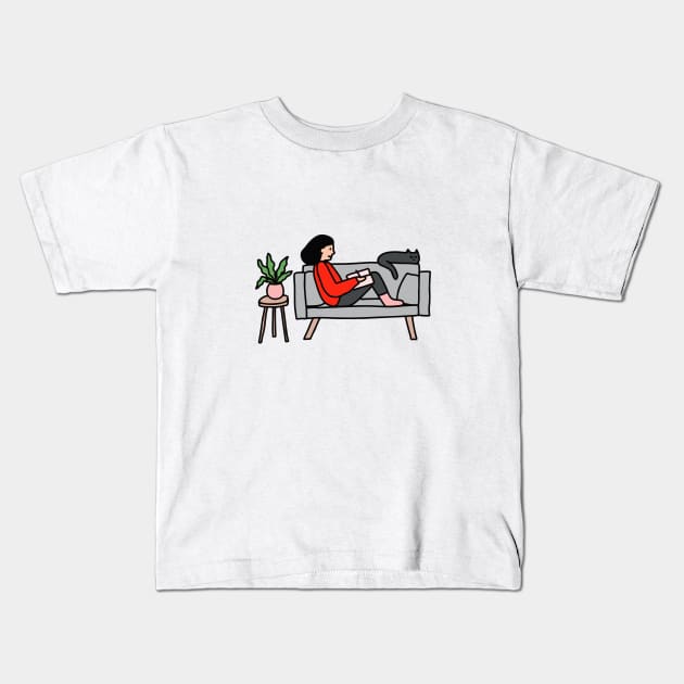 Girl Sketching With Cat Kids T-Shirt by Ashleigh Green Studios